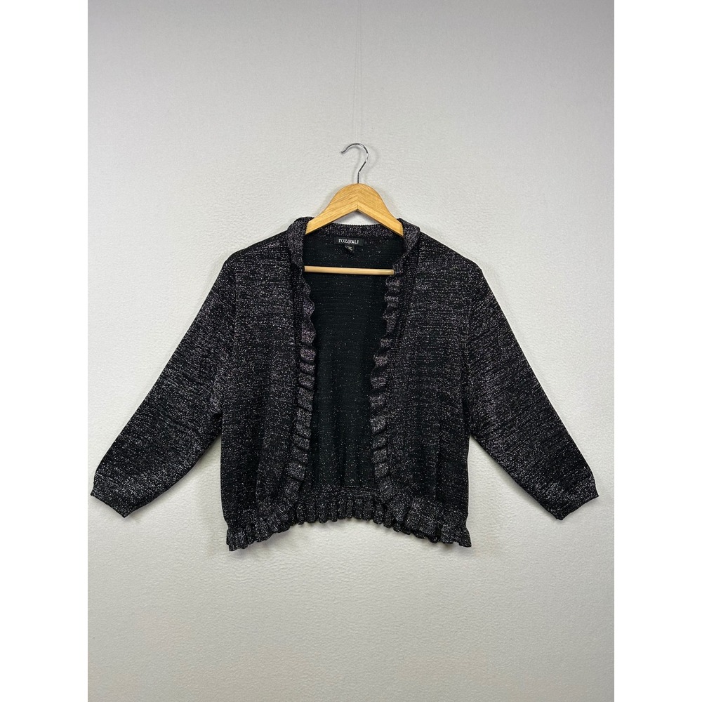 Roz & Ali Shimmer Metallic Ruffle Woman 1X‎ Black Silver Open Front Cardigan